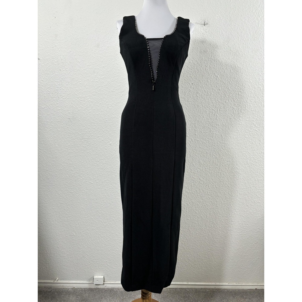 Vintage Black Dress Womens Small Rhinestone Zipper Mesh Maxi Sleeveless 00s Y2K